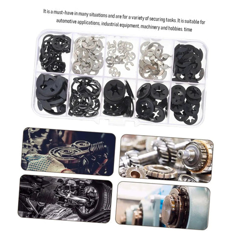 200 Piece Retaining Ring And Washer Kit For Mechanical Projects And Electronics Durable Rust Resistant Circlips And Open Rings Easy Install Hardware For Game Consoles Machinery And DIY Repairs, showing organized compartments and installation examples