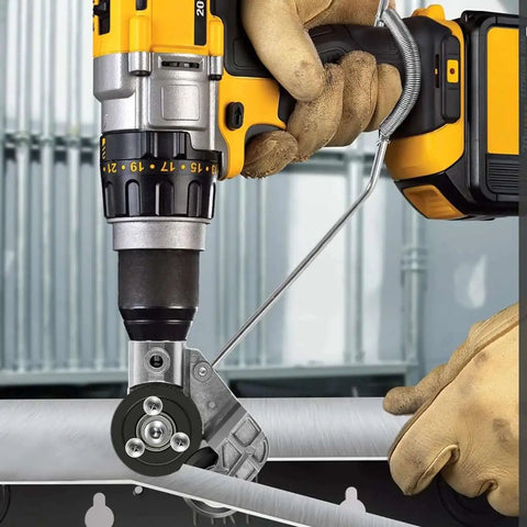 Close-up of Pro Grade Drill Plate Cutter Attachment for Metal Sheets being used on a metal surface with handheld drill, 2025 Upgraded Nibbler Style Cutter.