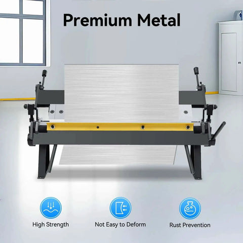24 Inch Pan And Box Brake Metal Bender With 0 To 135 Degree Bend Range Removable 2 3 4 Inch Fingers displayed in workshop