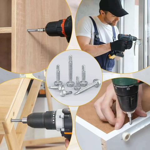 Heavy Duty 150 Piece Self Drilling Screws Kit Stainless Steel Rust Resistant Hex Washer Head Tek Screws for Sheet Metal in use