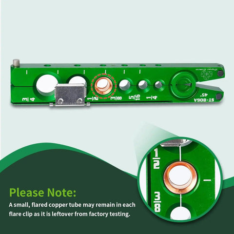 HVAC Copper Pipe Flaring Tool Kit 1/4 To 3/4 Inch Single 45 Degree Flare, green tool with measuring guides visible.