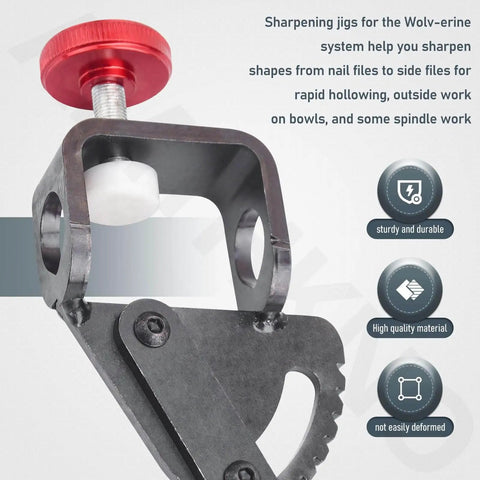 Close-up of attachment for woodturning tools that fits Wolverine grinding jig, vari-grind style with enhanced grip and clamp.