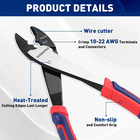 Heavy Duty Wire Cutter Crimper Tool For 10 To 22 AWG Terminals And Connectors Insulated And Non Insulated with red grips