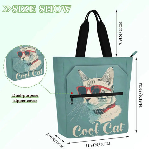 Cool Cat Sunglasses Tote Bag For Book Lovers with Zipper Pocket, reusable water repellent nylon, large capacity size details