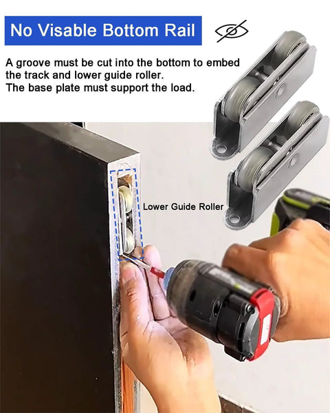 Installing Hidden Sliding Barn Door Hardware Kit With Wall Mount Ghost Track, showing groove for Invisible Bottom Rail 92cm