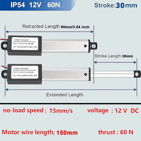 Diagram of Tiny 12V 1.2 Inch Stroke Electric Linear Actuator With 60N Load 15 mm Per Second Speed IP54 showing retracted and extended lengths.