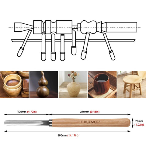 Diagram and woodwork examples from Premium 8 Piece Wood Turning Chisel Set For Lathe Turning With 2 Skew Chisels 1 Spear Point.