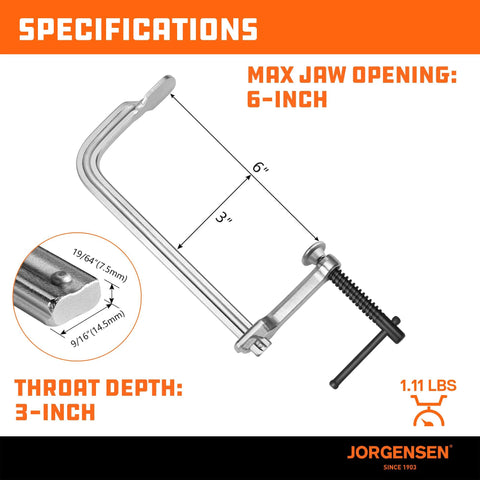 Jorgensen 6-inch bar clamp, heavy-duty drop-forged steel with screw handle, 3-inch throat depth