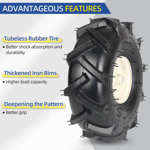 Tubeless 11x4.00-4 Tiller Tire And Wheel With 3/4 Inch Axle And 3-1/8 Inch Centered Hub For Super Lug Tractor, side view, emphasizing rubber tire and iron rim features.