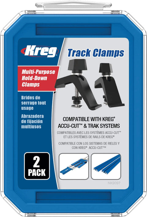 Packaging of Two Track Clamps With Non Slip Grip For Track Saws, Professional Grade Woodworking Clamp For T Slot Tracks, KMA7520