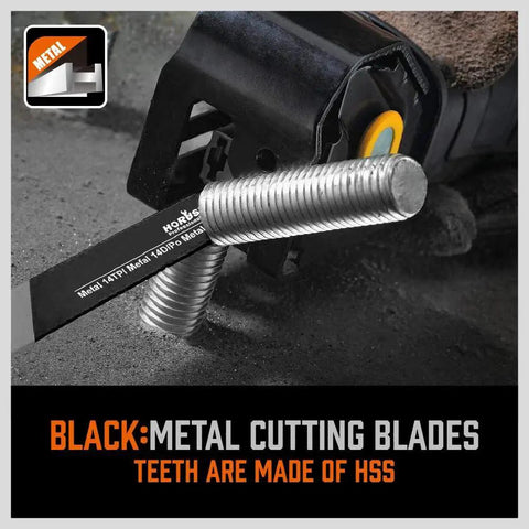 Close-up of 40 Piece Reciprocating Saw Blade Set For Wood Metal PVC Pruning And Wet Wood Cuts With Storage Pouch Bi Metal High Speed Cr V Blades 3 To 24 TPI For Tough Jobs And Long Lasting Sharpness Pro Grade Quality Beast Mode Ready cutting metal rod