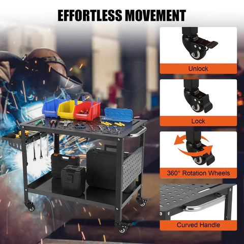 36 By 24 Inch Beefy Heavy Duty Welding Table On Wheels With Storage And Pegboard Portable Steel Welding Bench For Hobbyist Shop Black Built For Stability With 600 Pound Capacity And Easy Mobile Setup shown with tools and accessories.