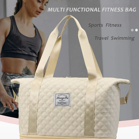 Quilted fitness bag with handles and logo, shown against gym background.