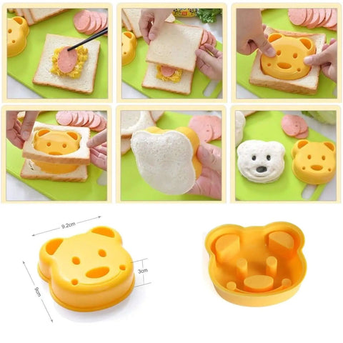 Bear-shaped sandwich cutter and press from 17 Piece Kid Friendly Kitchen Set For Toddlers Real Cooking Safe Knives With Cutting Boards.