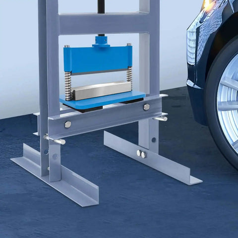 12 Inch Press Brake Attachment For 12 And 20 Ton Hydraulic Shop Presses, 90 Degree Bending, installed on shop floor, blue finish