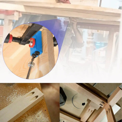 Pocket Hole Jig Kit 14 Piece for Woodworking and Carpentry Joinery 15 Degree Inclined Hole Fixture with 6 8 10 mm Drill Bits Dowels and Screws Aluminum Alloy Guide Great for Cabinets Benches Tables and Frames in use on a wooden plank, showing drilled holes and components.