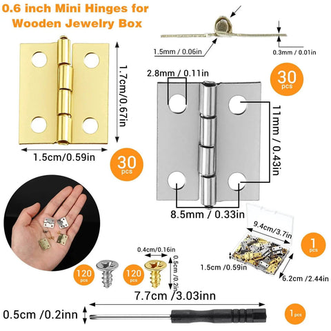 Complete Mini Brass Folding Hinge Set With Screwdriver And 240 Screws 120 Gold And 120 Silver For Wooden Boxes Image