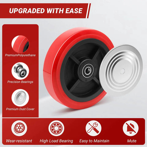 8 Inch Polyurethane Caster Wheel With Polyolefin Core, Double Ball Bearing, Dust Cover, Half Inch Bore, 1100 Lb Capacity Per Wheel