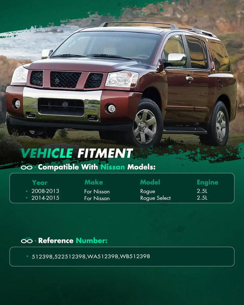 Front view of an SUV; text detailing compatibility with Nissan Rogue 2008-2015 for Rear Wheel Hub Bearing Assembly 512398.
