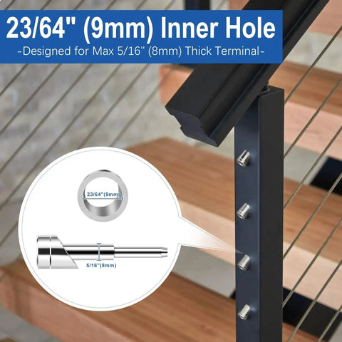 23/64 inch inner hole beveled angle washers installed on stair cable railing, highlighting 24 Pack Beveled Angle Washers For 33 Degree Stair Cable Railing