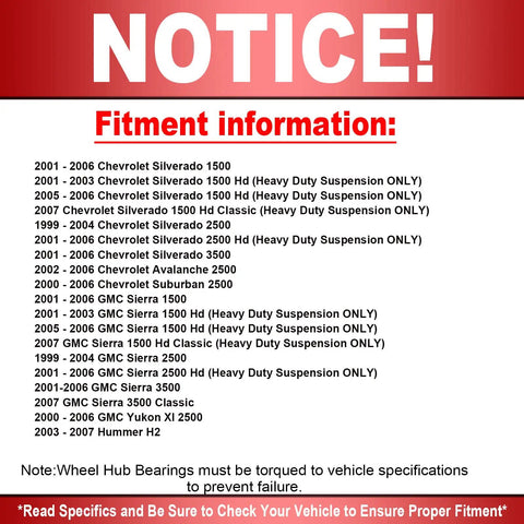 Front Wheel Bearing And Hub Assembly For 4WD Trucks And SUVs With 8 Lugs And ABS Heavy Duty Fitment Notice