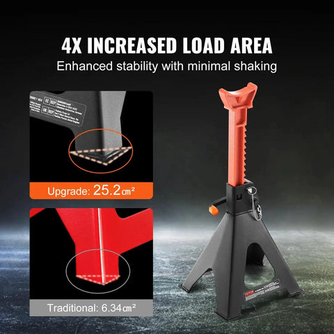 6 Ton Jack Stands With Double Locking Adjustable 14.2 To 23 Inches For SUV UTV, featuring enhanced load area for stability.
