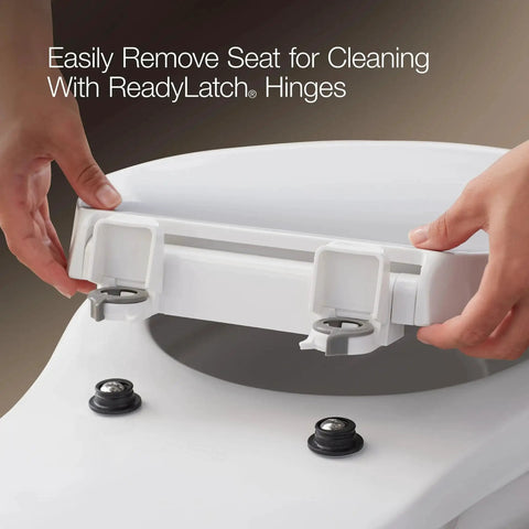 Close-up of hands removing Cachet ReadyLatch Elongated Toilet Seat With Soft Close Lid And Easy Install, showing hinges and bumpers.