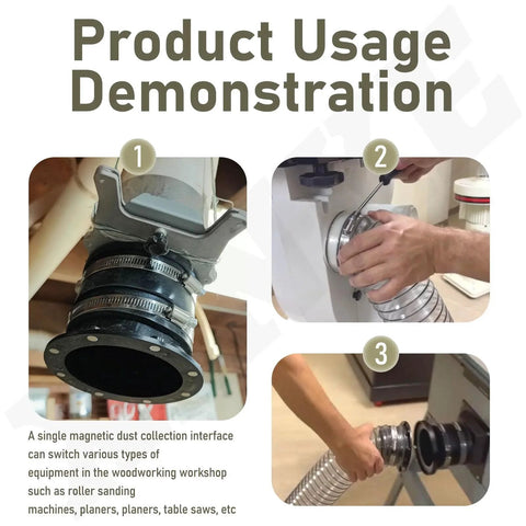4 Inch Magnetic Dust Collection Connector With Dust Control Flex Cuff setup demonstration on woodworking machinery.