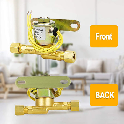 Humidifier water solenoid valve 4040, front view, brass body with mounting bracket and yellow wires.