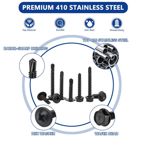 465 Piece Self Drilling And Self Tapping Screws Set In 410 Stainless Steel Sizes 8 And 10 Hex Washer Head And Phillips Round Head displayed.