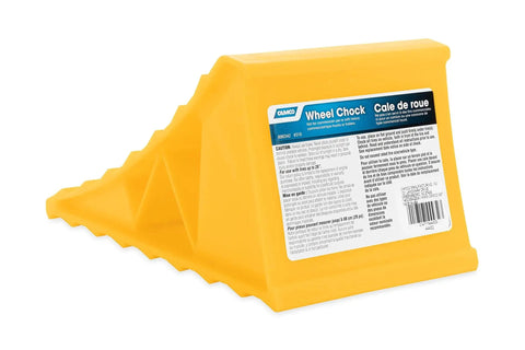 Yellow Wheel Chock Without Rope For Trailers And RVs UV Protected Plastic 26 Inch with label visible