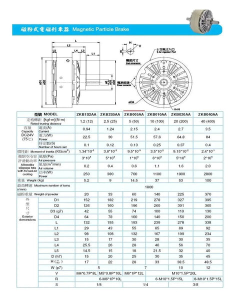 ZKB005AA DC24V magnetic powder brake; electromagnetic brake shown in side and front views with dimensions.