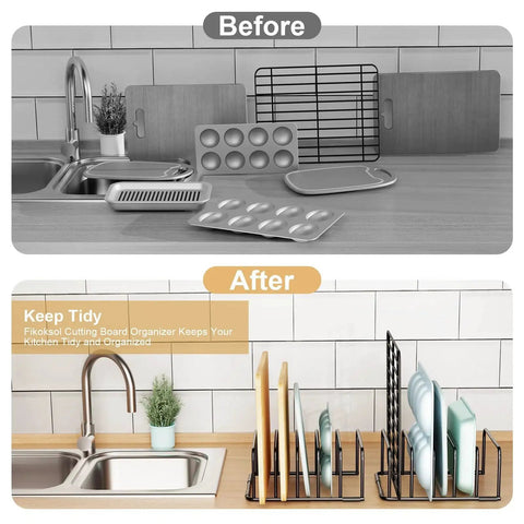 Heavy Duty Metal Cutting Board Organizer And Baking Sheet Rack For Cabinet Storage Fikoksol Five Slot Black Tray Divider to hold cutting boards) plates and pans neatly in one easy accessible kitchen space.