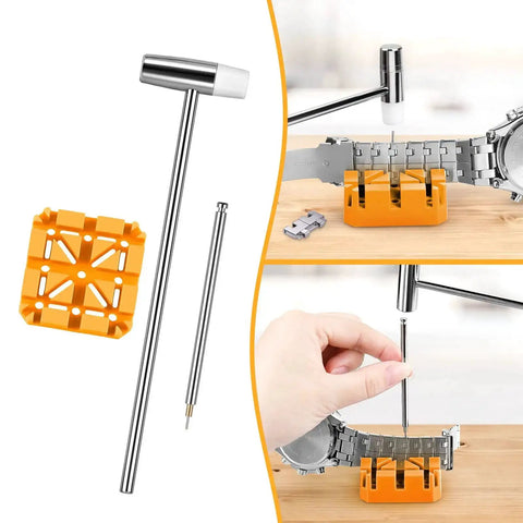 Watch Link Removal Tool Kit For Band Adjustment And Replacement, Pro Grade Watch Repair Set With Link Remover and Holder shown in use.