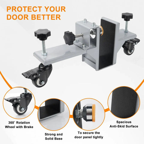 Heavy Duty Door Lifter Dolly Twin Pack For Doors From One And Three Eighths Inches To Two And One Half Inches Prehung Slab Front Steel Doors Installation Tools For Commercial And Residential Use showing steel frame, wheels, and adjustable clamps.