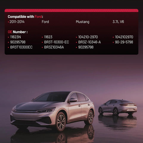 Ford Mustang 2011-2014 3.7L V6 compatibility chart with two modern cars in the foreground.