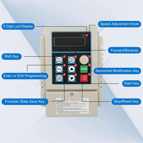 VFD Inverter Frequency Converter For Motor Speed Control, 220V Fifty To Sixty Hz, 0.75KW with keypad controls and display