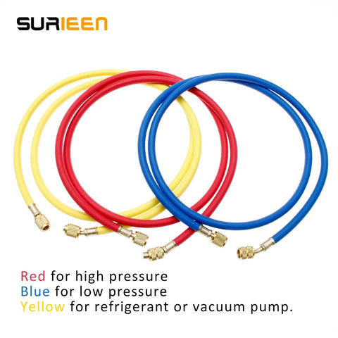 SURIEEN 60in refrigerant charging hoses, red high-pressure, blue low-pressure, yellow refrigerant/vacuum, 3pc