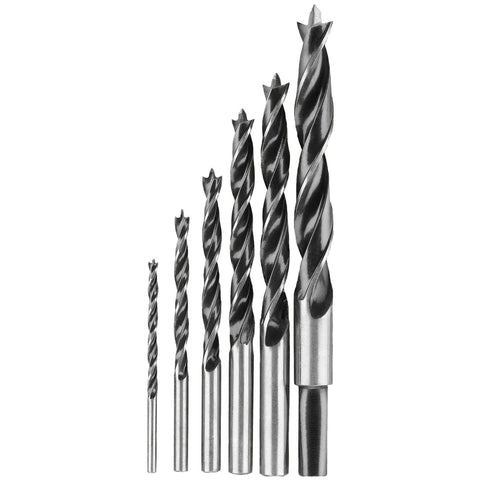 Brad Point Drill Bit Set For Wood And Metal 6 Piece DW1720 Pro Grade Precision Cutting Edges To Reduce Splintering And Walking Engineered Flutes For Clean Chip Removal Durable DEWALT Bits displayed in varying sizes.