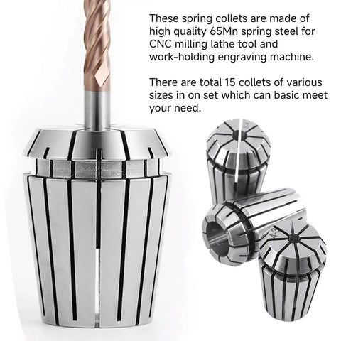 Pro Grade Heavy Duty 15 Piece ER20 Collet Set Ranging 1 To 13 mm In Metric Steel With 65Mn Spring Steel Construction Close-up