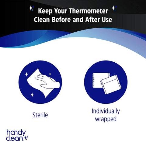 Instructional graphic for 70 Percent Isopropyl Alcohol Thermometer Wipes For Probes 1000 Count, showing sterile and individually wrapped icons.