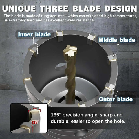 Close-up of Heavy Duty Pro Grade 4 Inch Concrete Hole Saw Kit showing tungsten steel blades and 220mm SDS Plus Shank for masonry.
