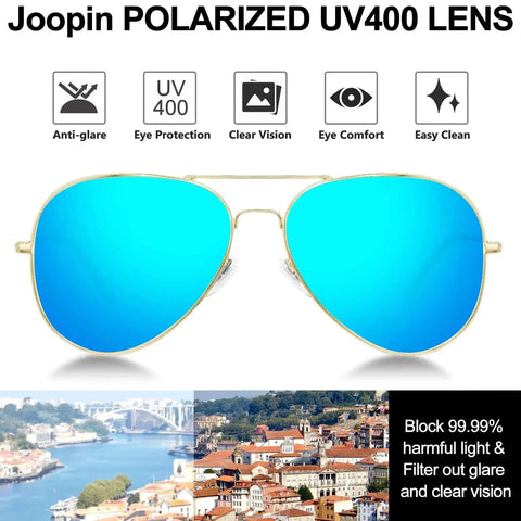 Polarized Aviation Sunnies With UV Protection Retro Black Frame And Silver Mirror Lenses Blue Fashion Shades High Definition Polarized Lens Reducing Glare For Clear Vision All Day on a white background with coastal view.