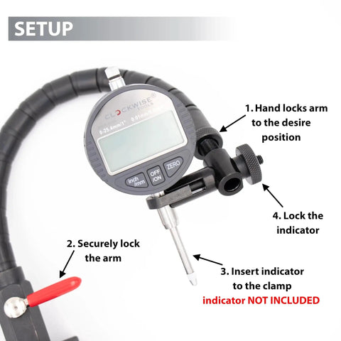 Beefy Flexible Arm Magnetic Stand For Digital Dial Indicators MGBR 04 with 176 lbs holding power, close-up setup view