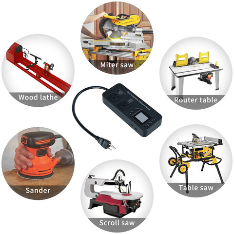 Automatic vacuum switch for power tools with dual outlets and LCD display; shown with six workshop tools (wood lathe, miter saw, router table, sander, scroll saw, table saw).
