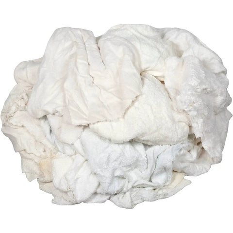 10 Lb Box Pro Grade Recycled Cotton Terry Cut Rags White For General Cleaning Polishing Dusting And Wiping Jobs Ideal For Auto Shop Home Garage And Business Use Reusable Washable Rags Cut To Various Shapes And Sizes visible as a pile