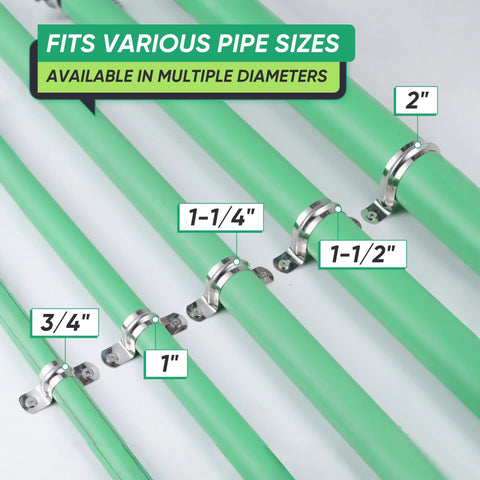 Conduit clamps RGFXA 30pcs stainless steel; 2-hole U brackets for pipe fixing on green pipes, sizes 3/4-2 in