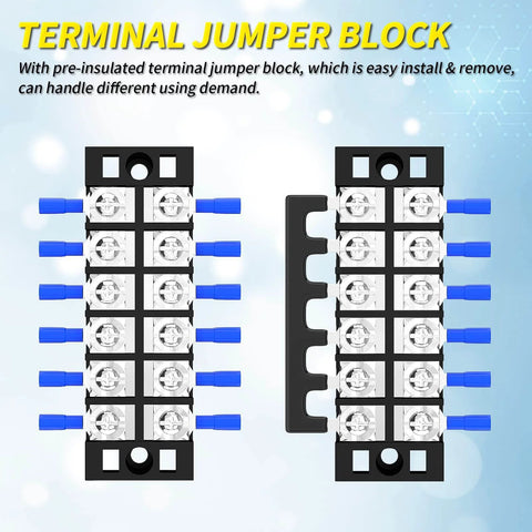 Heavy Duty Dual Row Six Position Screw Terminal Block Kit With Cover And Pre Insulated Jumpers 35A 600V Rating