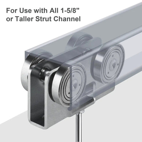 Upgraded Four Wheel Trolley Assembly For Light Duty Use With All Strut Channel One And Five Eighths Inches Or Taller, side view