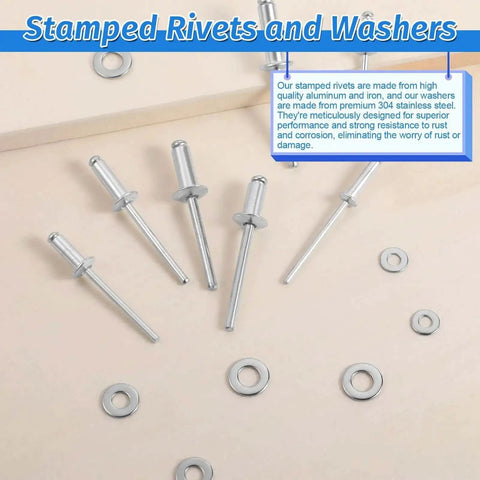 All In One Pop Rivets With Washers Kit Eight Aluminum Blind Rivet Sizes and Stainless Steel Washers on Display